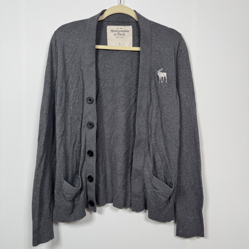 Abercrombie & Fitch Teen Boy L Gray Cardigan Sweater Moose Logo Preppy Academia